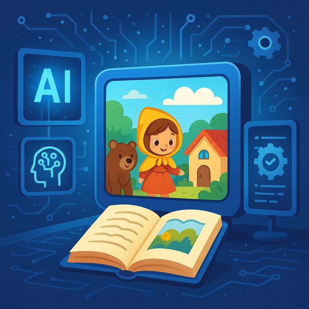 Behind-the-scenes concept: a flow from child details (name, age, interests) into an AI brain icon, then into a glowing storybook showing a personalized scene; clean diagrams blended with friendly illustration, tech yet child‑safe.