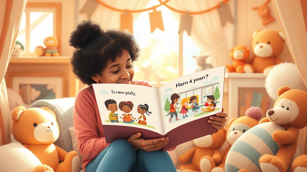 A parent reading a personalized storybook to their child who is sitting at a small desk, illustrating a classroom or new setting.