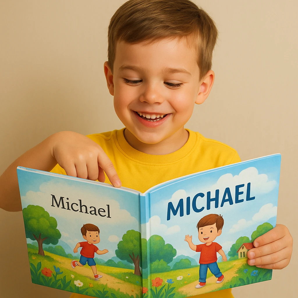 A friendly step‑by‑step roadmap illustration from sign‑up to finished personalized book: icons for account, child details, AI story creation, illustration style selection, preview, and download; end with a smiling child holding a book with their name; bright guide-like aesthetic.