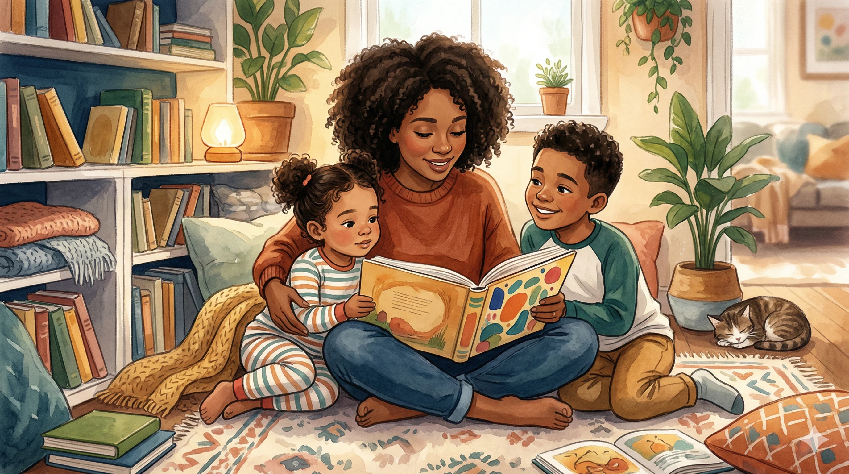 A happy young child is holding and looking at a professionally illustrated personalized storybook together with a parent.
