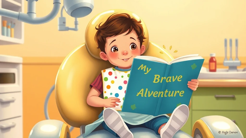 A child bravely sitting in a dental chair, holding a personalized storybook while their parent smiles nearby.