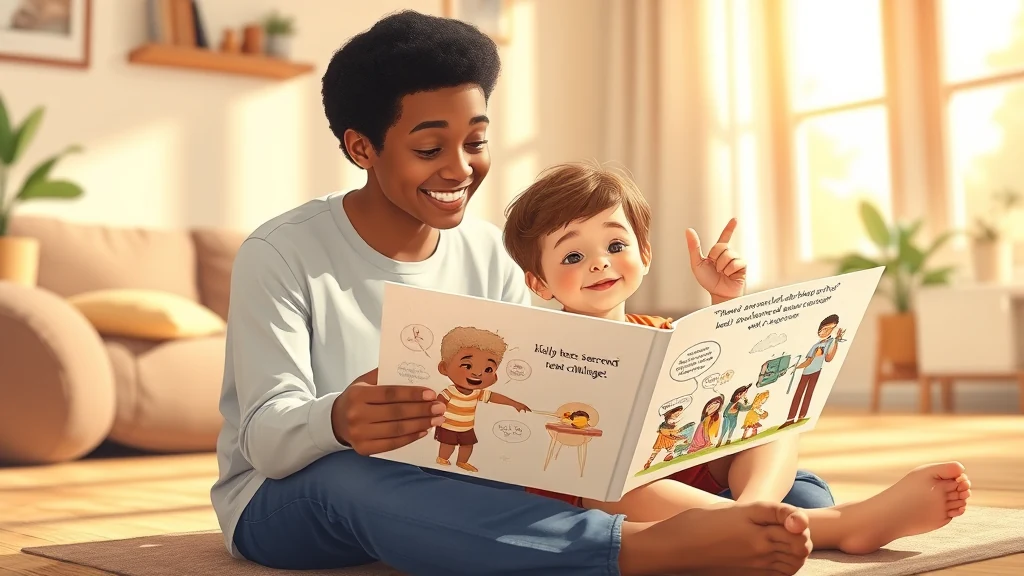 A parent reading a personalized storybook to a smiling child, emphasizing the book's unique cover celebrating an achievement.