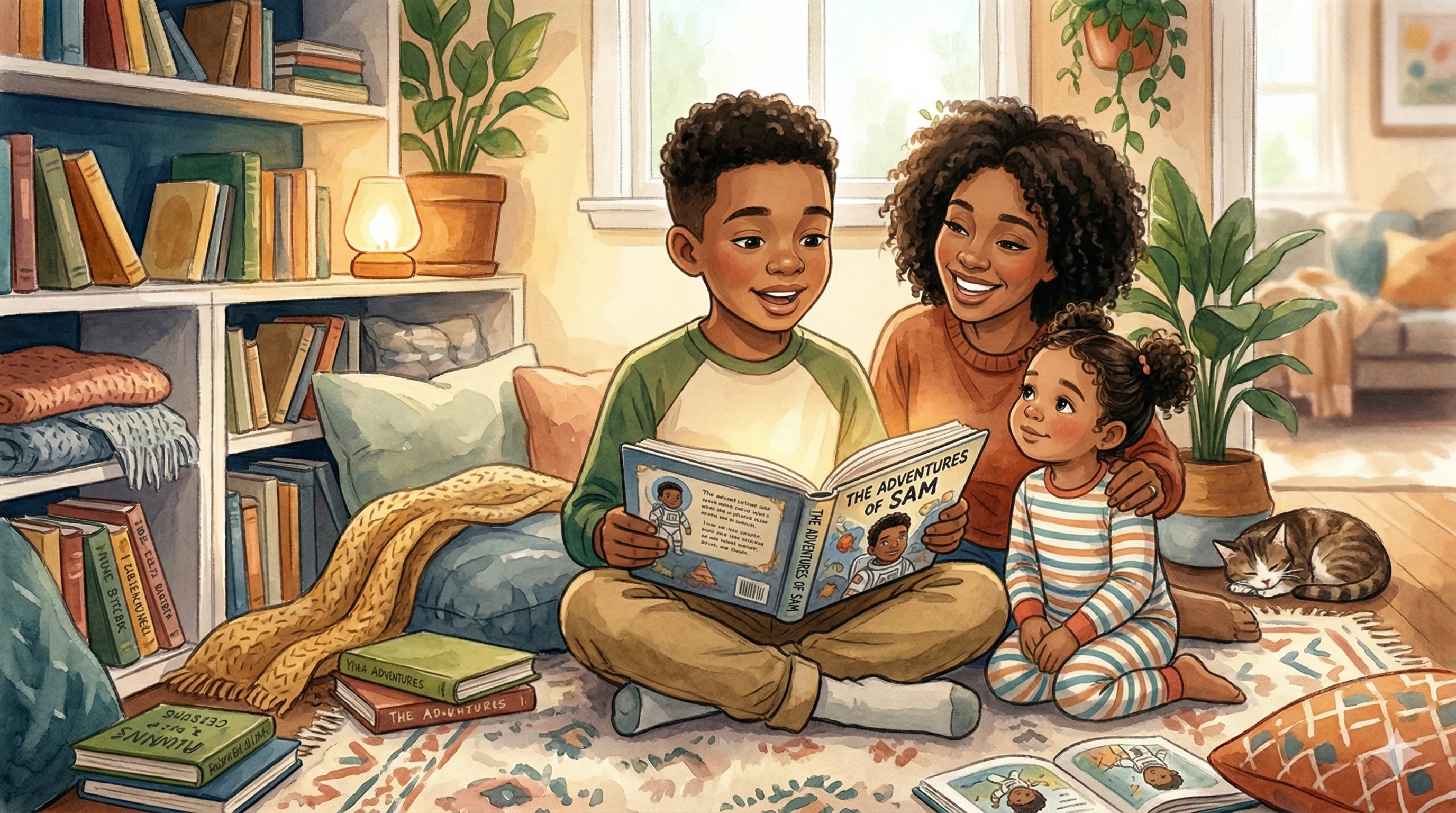 A happy child holding a beautifully illustrated, personalized storybook, suggesting the child is the central character.