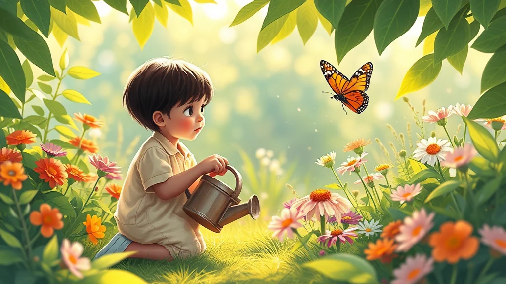 A young child smiling while holding a colorful, personalized picture book in a garden setting.