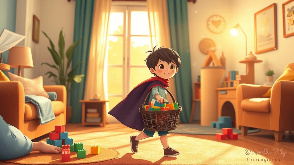 Un niño pequeño ayudando a su madre a preparar la mesa en una cocina iluminada ambos sonriendo.