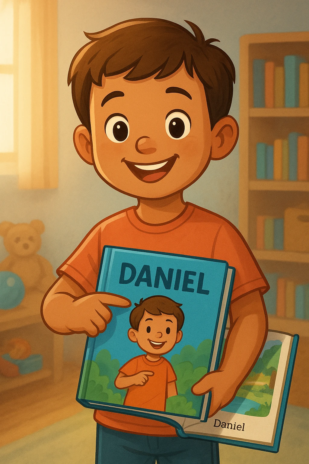 Smiling child holding a personalized picture book with their name on the cover and colorful illustrations; bright, cheerful reading moment.