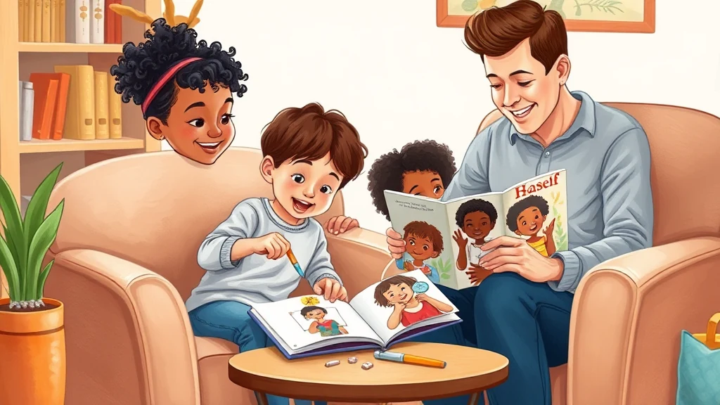 Young child looking proud beside an open personalized storybook, suggesting small steps toward self-reliance; soft, encouraging colors.