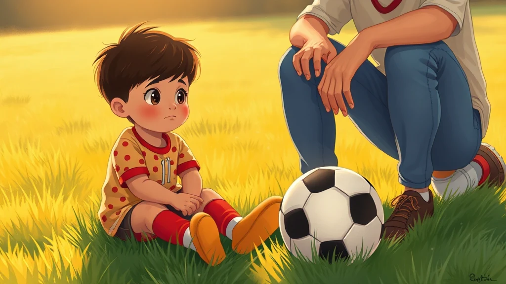 Un niño sonríe mientras lee un cuento personalizado sobre superación en el campo de juego.