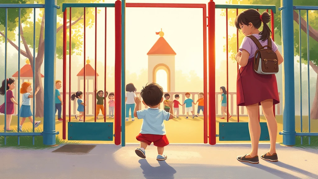 Un enfant tenant un livre personnalisé, s'apprêtant à rejoindre un groupe de camarades avec confiance.