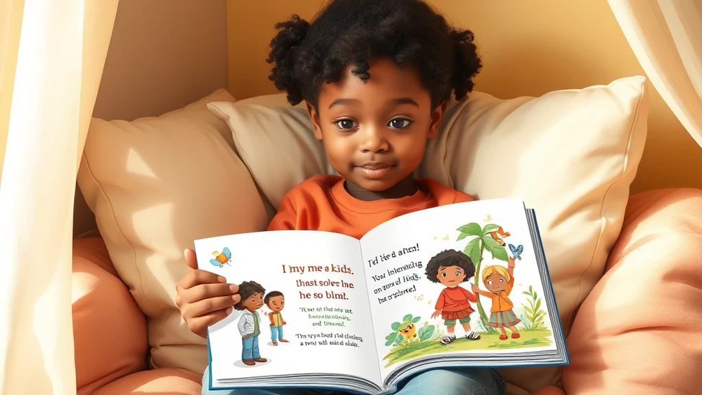 A happy young child is shown holding a large, colorful personalized storybook suggesting a moment of accomplishment and reading comfort.