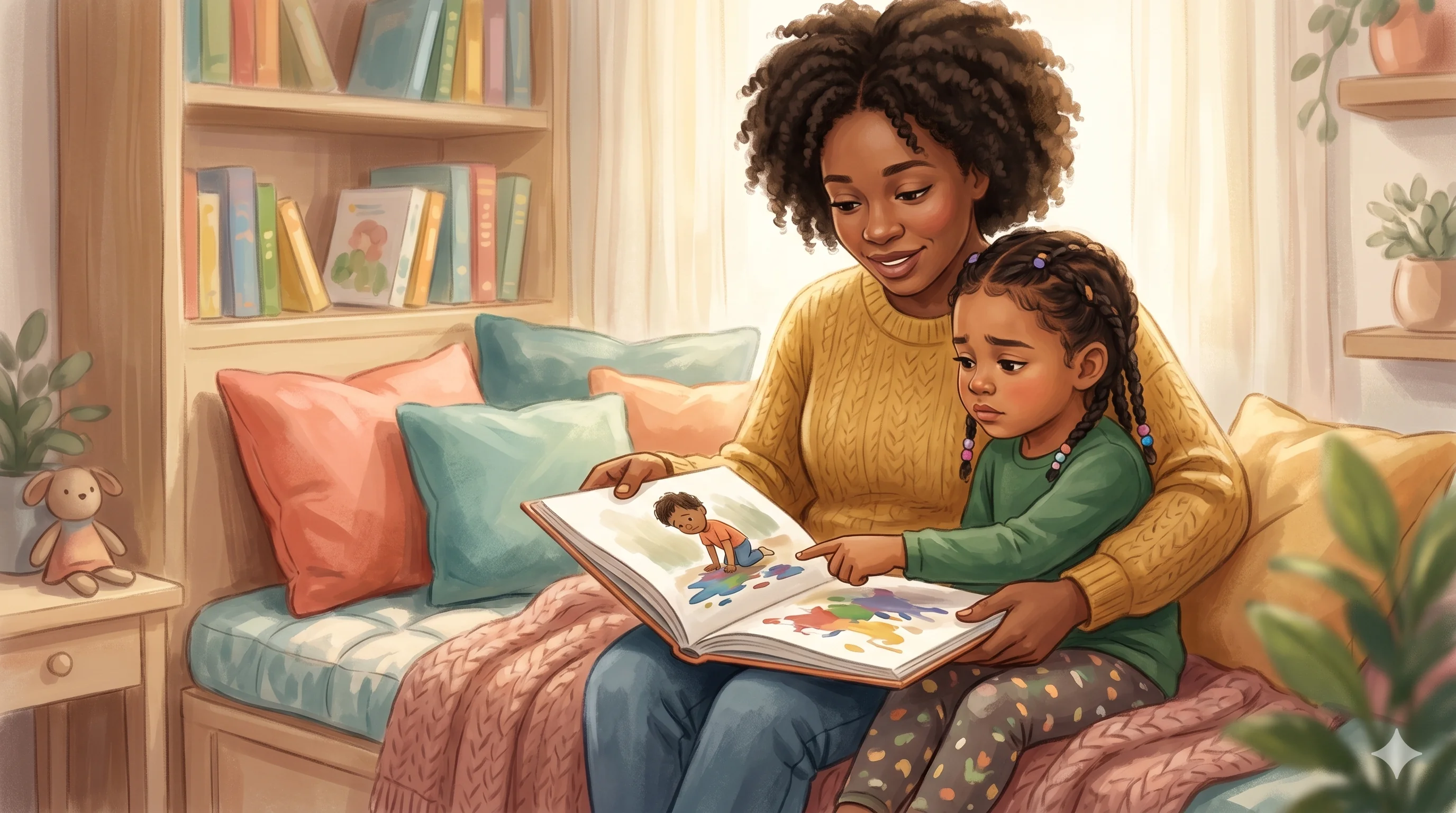 A parent reading a personalized storybook to a child who is visibly engaged discussing the emotions of the characters.
