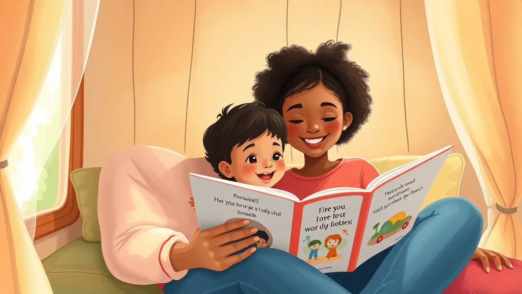 A parent reading a personalized storybook to a child in a home setting illustrating a safe family moment.