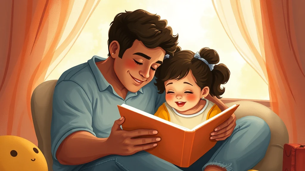 Parent and child reading a personalized storybook together, with the child pointing to a character expressing a big emotion like sadness or anger.