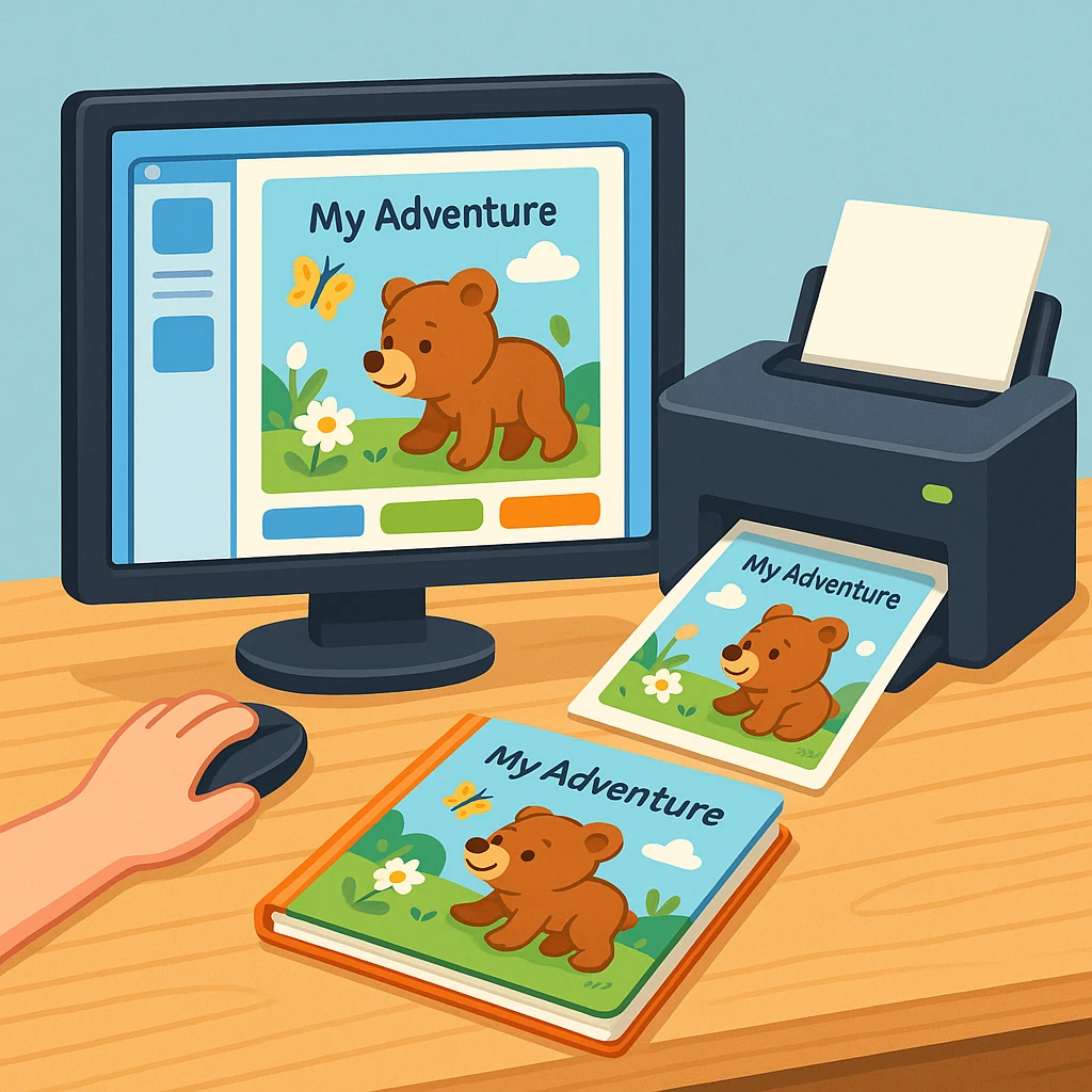 A friendly step‑by‑step roadmap illustration from sign‑up to finished personalized book: icons for account, child details, AI story creation, illustration style selection, preview, and download; end with a smiling child holding a book with their name; bright guide-like aesthetic.