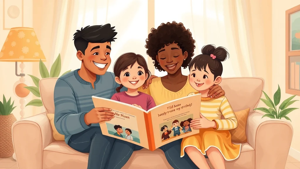 A young child with wide, curious eyes holding a personalized picture book looking at a comforting illustration of a family.