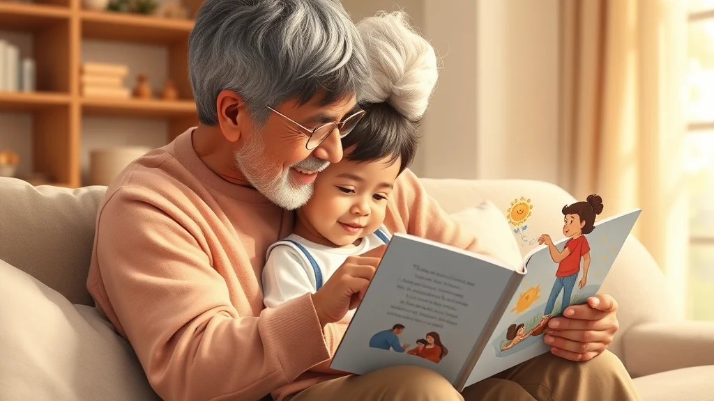 A young child reading a personalized book about a parent to a grandparent reinforcing the bond.