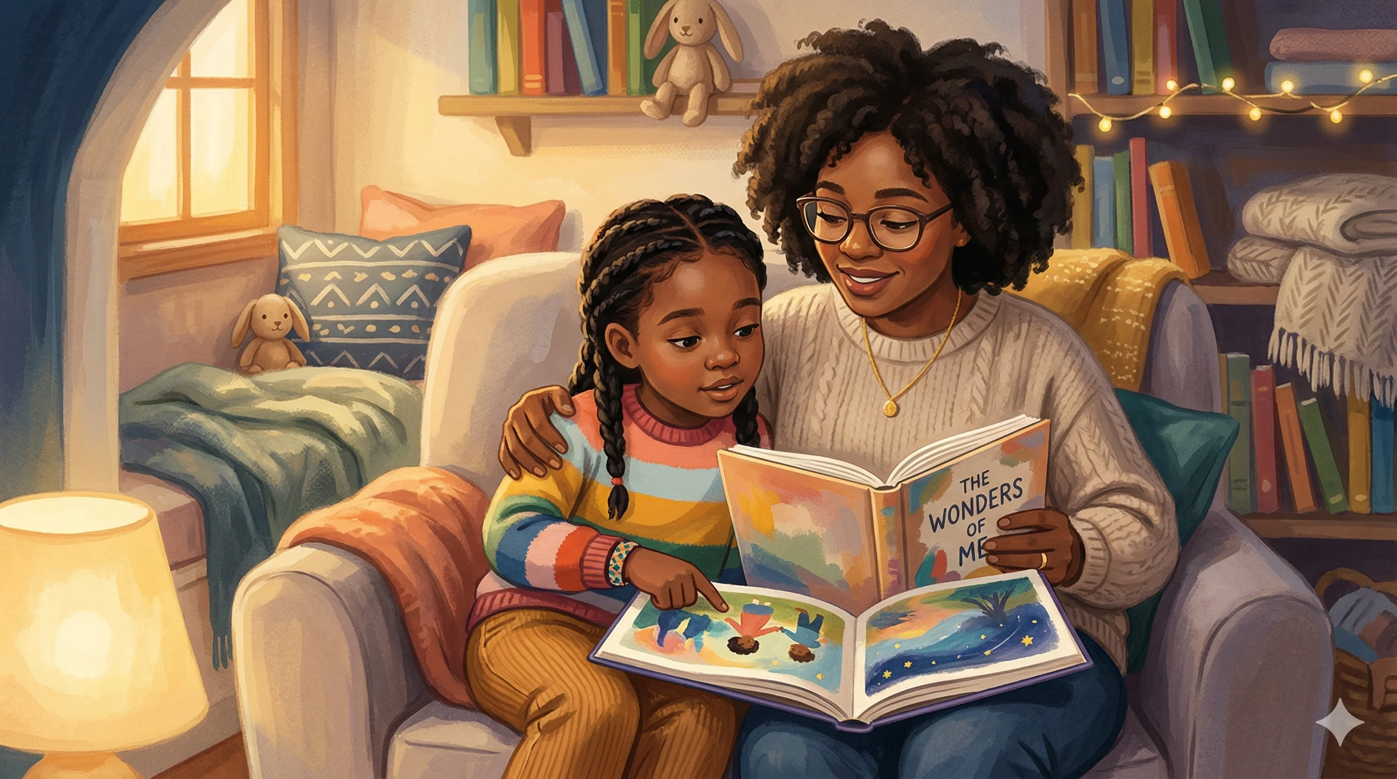 Parent and child cuddled together reading a personalized illustrated book under warm light; cozy family bonding and shared story time.
