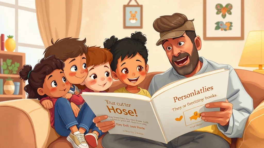 A parent reading a personalized storybook together with two siblings, emphasizing a moment of shared connection and understanding.