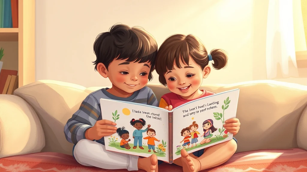 A young child happily holding a brightly illustrated, personalized storybook featuring characters that resemble them and their siblings.