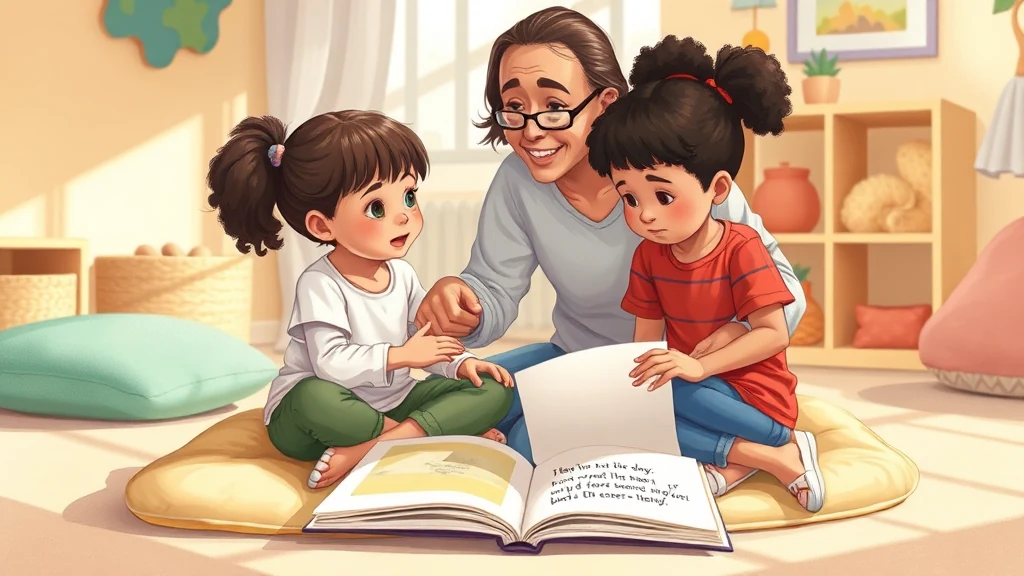A parent reading a personalized storybook to two children, symbolizing shared and supportive sibling moments.