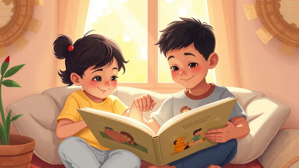Two siblings on the floor sharing a personalized picture book, pointing at the pages together; warm, cooperative sibling moment.