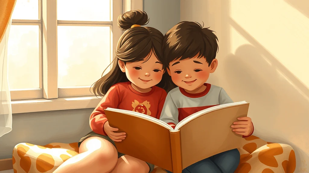 A mother and two siblings sitting together on a couch, happily reading a personalized book where the children are the main characters.