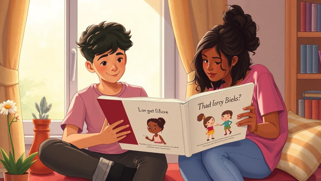 A diverse group of modern teenagers are gathered in a comfortable setting looking thoughtfully at a personalized storybook held by an adult.