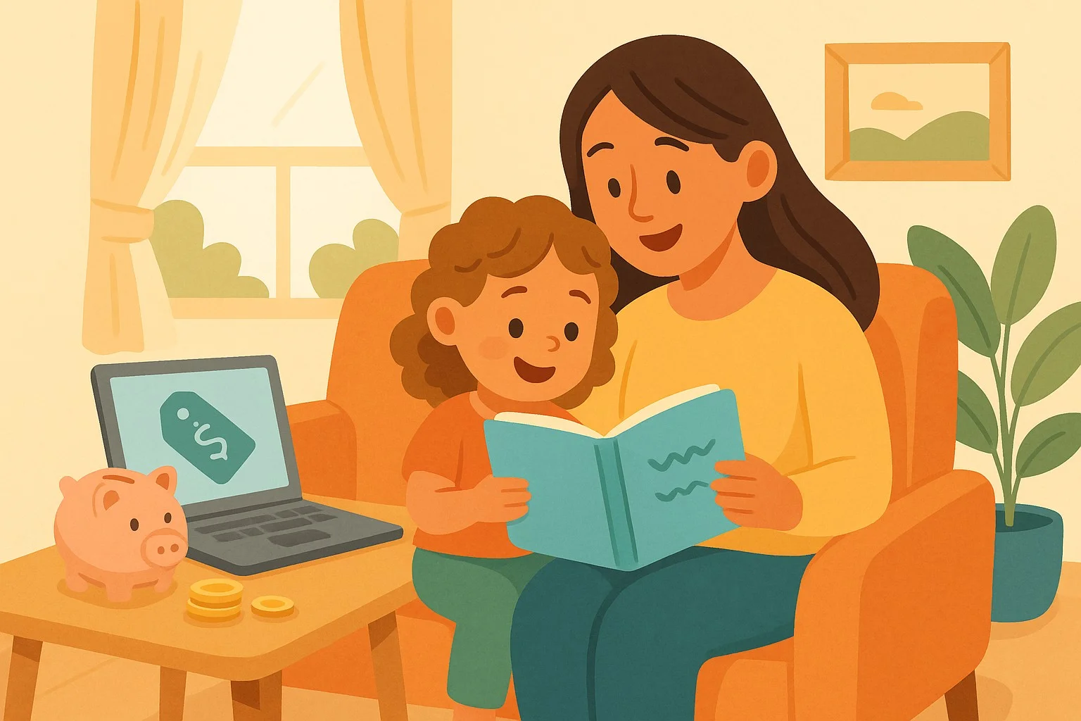 Cozy living room scene where a parent and young child smile while reading a personalized children's book with the child's name on the cover; nearby, a piggy bank, a few neatly stacked coins, and an open laptop showing an affordable price tag suggest smart budgeting; warm daylight, modern flat-digital illustration, gentle colors, friendly, inviting.