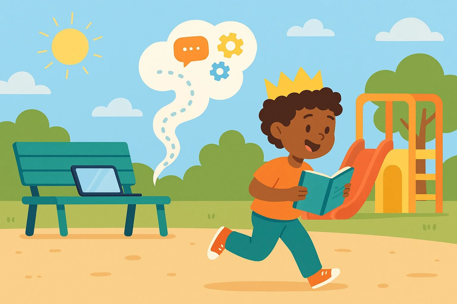 Sunny playground where a cheerful child runs with a paper crown while colorful, friendly AI icons (speech bubbles, gears, stars) gently swirl above a tablet on a bench; the idea cloud forms a story path from child's details to a book cover with their name; bright, modern vector style, inclusive and playful.