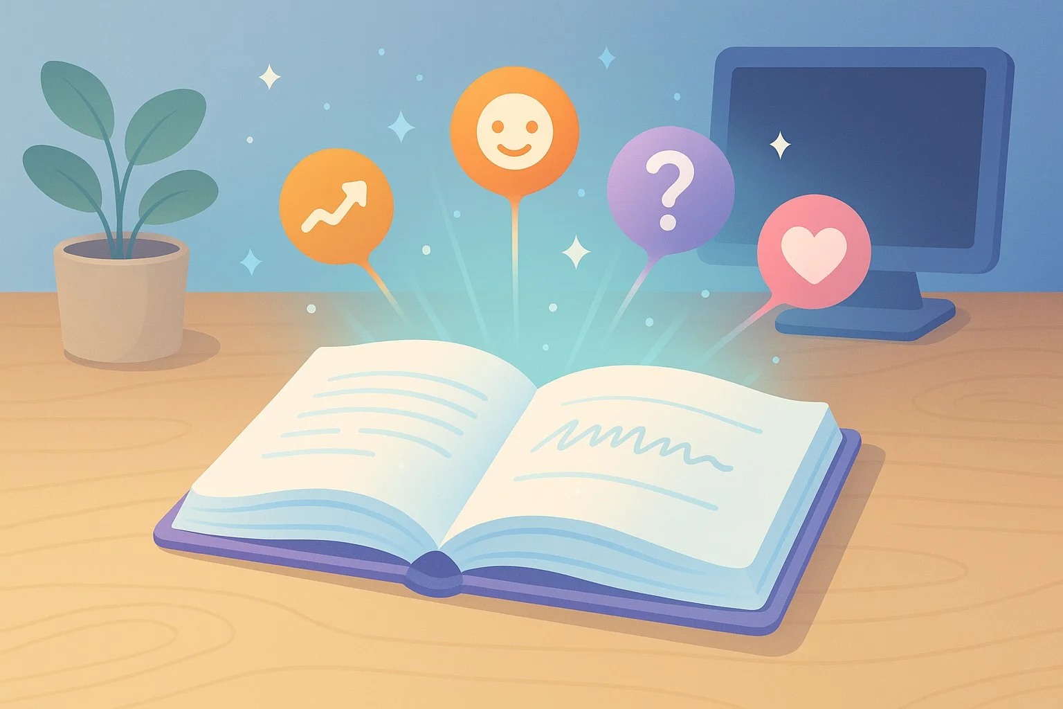 Open personalized children's book on a desk, pages glowing with dynamic features: floating icons for adaptive reading level, character personalization, interactive questions, and emotional learning; a child's name appears on the page; soft futuristic lighting, clean tech-meets-storybook aesthetic.