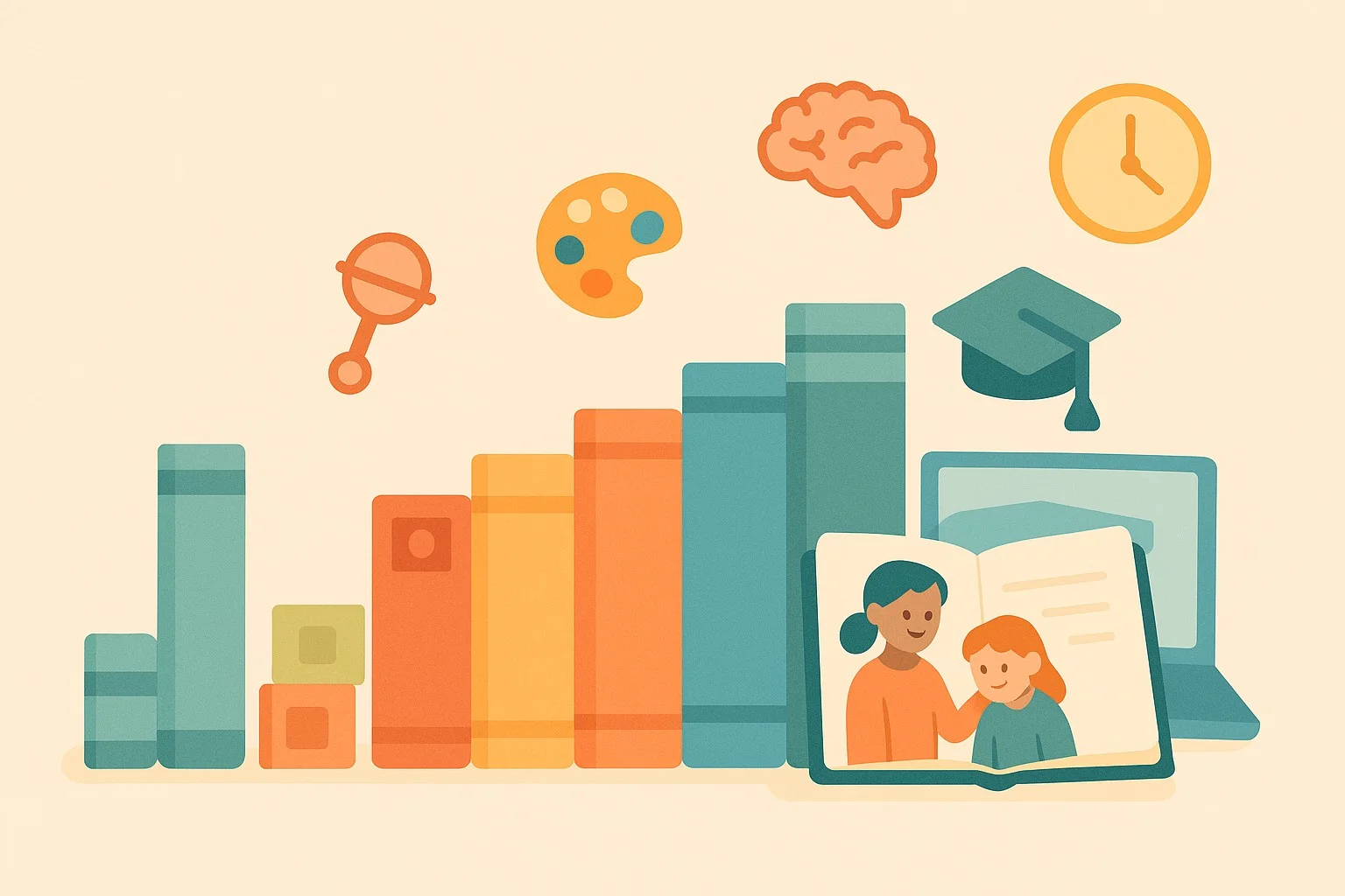 A neat infographic-style scene showing rows of children's books in ascending sizes labeled by age groups (0-2, 3-4, 5-6, 7-8, 9-10); icons for attention span and clocks suggest reading time; friendly, clean vector style with soft colors.