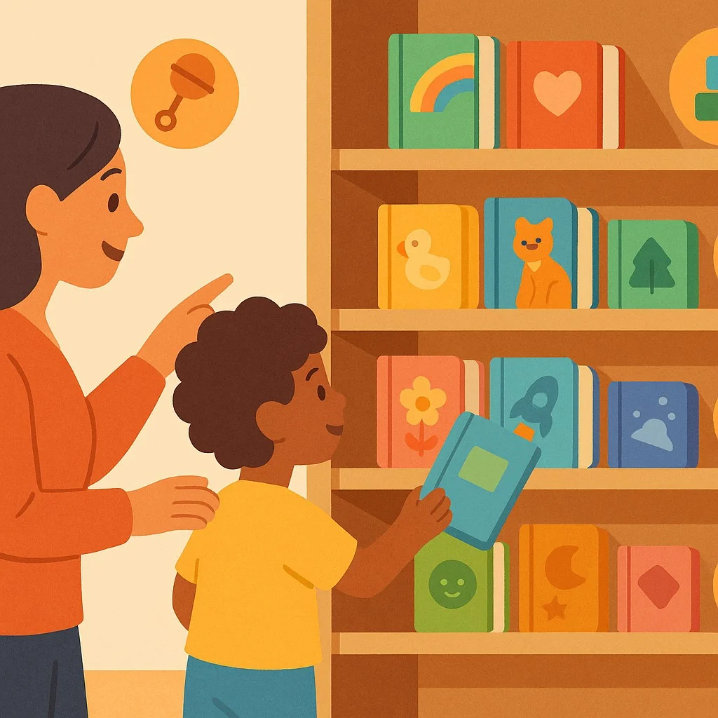 Bookshelf with sections for infants, toddlers, preschoolers, and early readers; each shelf shows age-appropriate picture books with simple to detailed illustrations; a parent points while a child chooses a book; bright, educational, welcoming design.