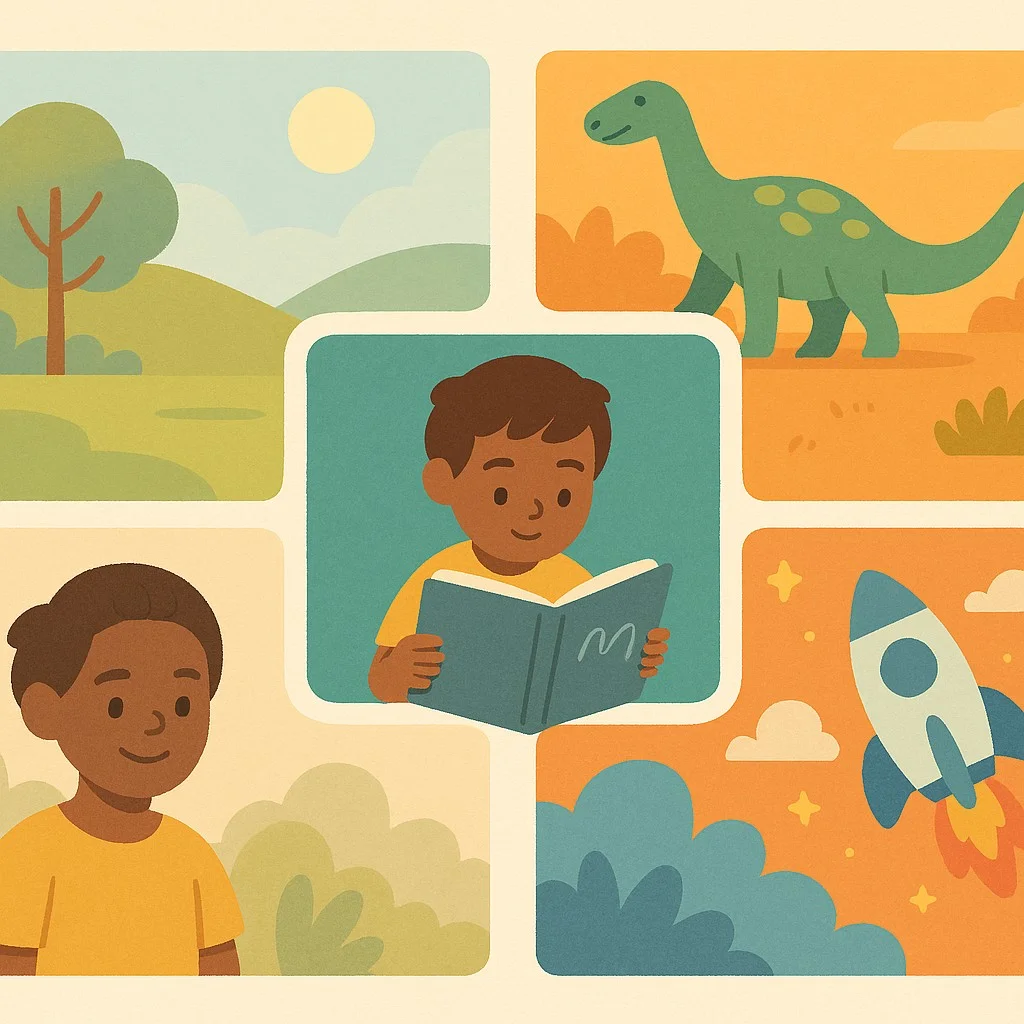 Grid of illustration styles for children's books: classic watercolor (soft washes), textured colored pencil, bold vector flat art, cut‑paper collage, and painterly digital; in the center, a personalized book cover with a child's name; clear labels, colorful, informative.