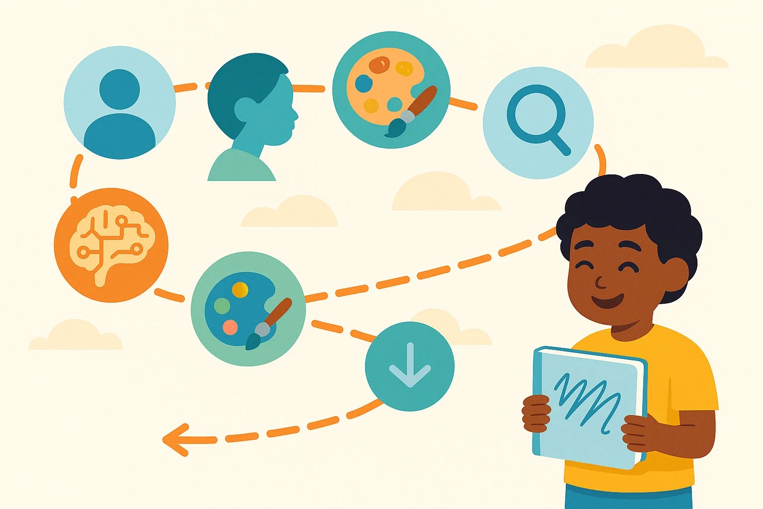 A friendly step‑by‑step roadmap illustration from sign‑up to finished personalized book: icons for account, child details, AI story creation, illustration style selection, preview, and download; end with a smiling child holding a book with their name; bright guide-like aesthetic.