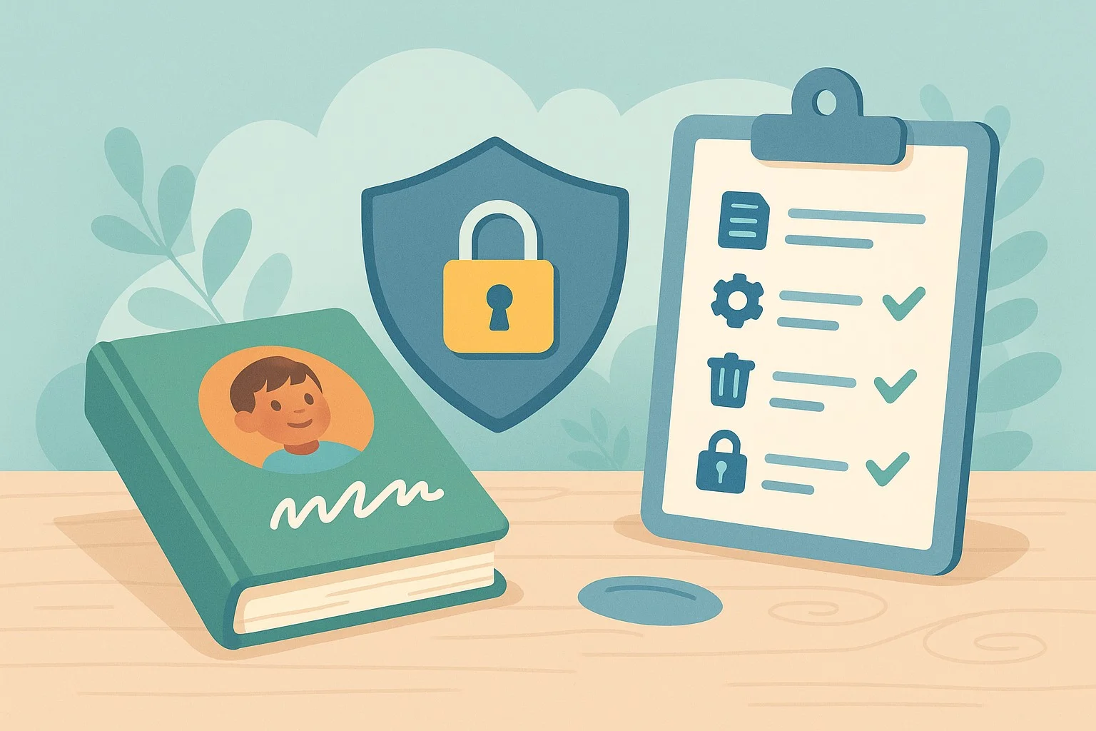 Calm, trustworthy scene: a closed personalized children's book with a child's name on the cover rests beside a shield padlock icon and a checklist for data privacy (collection, usage, deletion, encryption); soft blues and greens, modern vector, reassuring tone.