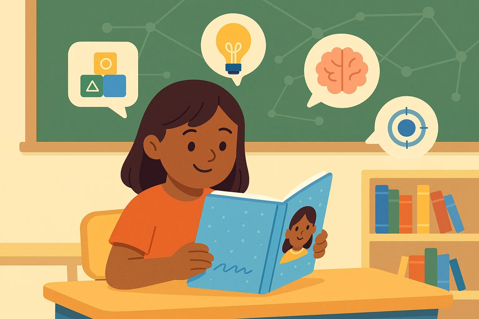 Classroom-like scene where a child reads a personalized book and icons float around indicating learning outcomes: vocabulary, comprehension, memory, focus; a subtle neural network graphic in the background; bright, evidence‑based, friendly.
