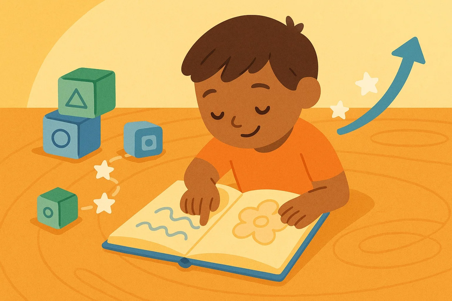 Learning-to-read scene: a child traces letters from their own name in a personalized book; nearby, alphabet blocks and a gentle progress path from A to Z; warm colors, supportive, confidence-building vibe.