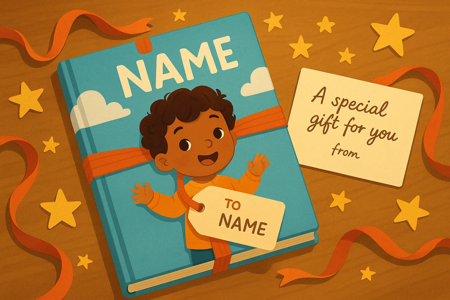 Festive gift scene: a wrapped personalized children's book with a name tag, nestled among ribbon, stars, and a handwritten dedication card; warm cozy lighting suggests a thoughtful, lasting present; cheerful, celebratory illustration.