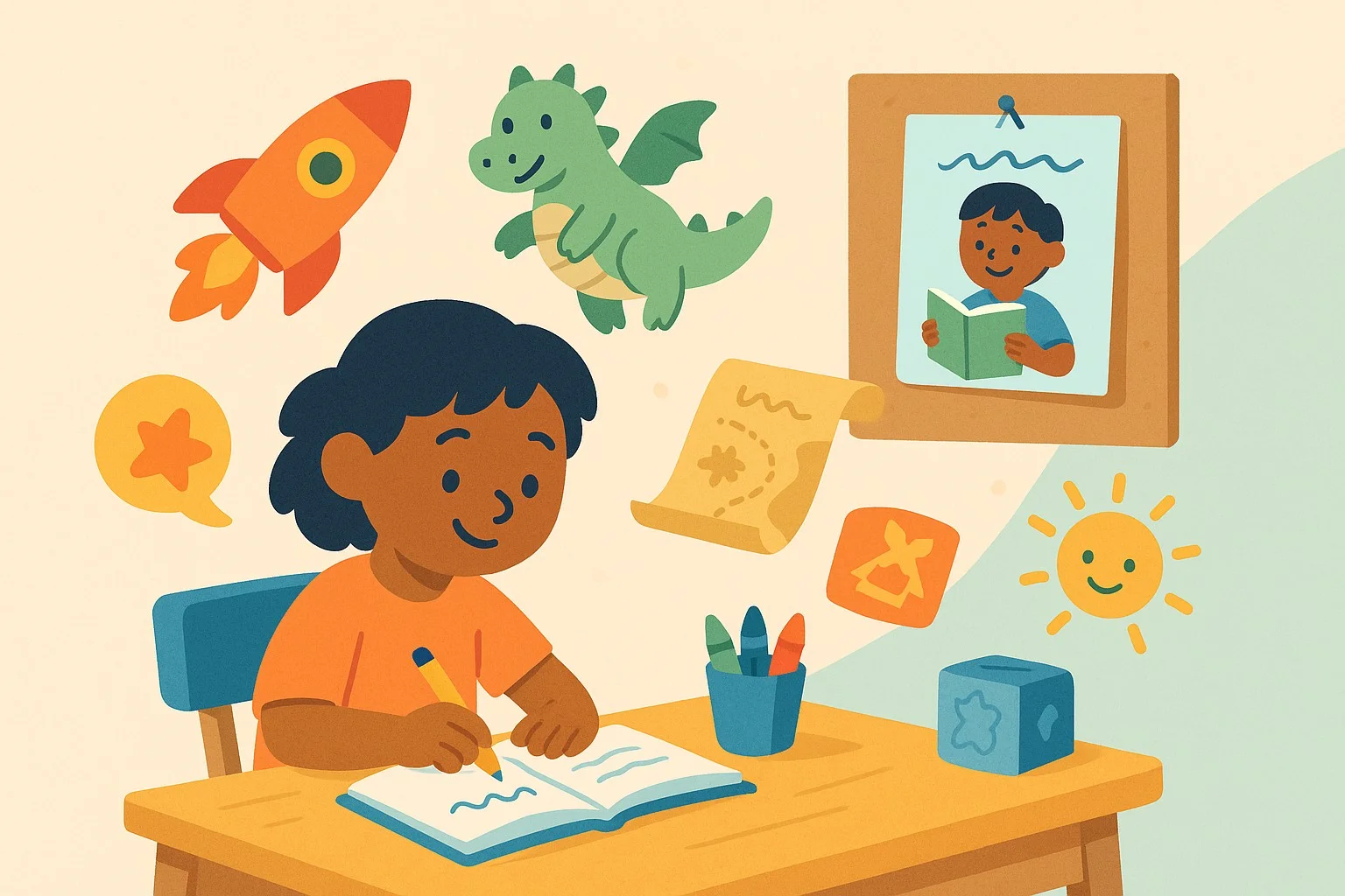 Child at a small desk happily writing and drawing a story; scattered idea prompts around: a rocket, a friendly dragon, a treasure map; on the wall, a pinned personalized book cover with the child's name; bright, motivational, creative studio vibe.