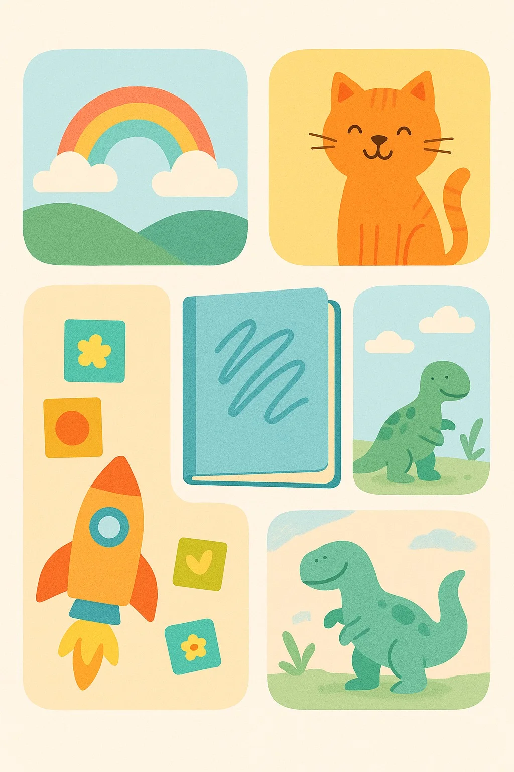 Visual grid comparing children's illustration styles: soft watercolor scene, textured colored pencil, clean flat vector art, playful cut‑paper collage, and painterly digital look; center shows a sample personalized cover with a child's name; labeled, colorful, educational.
