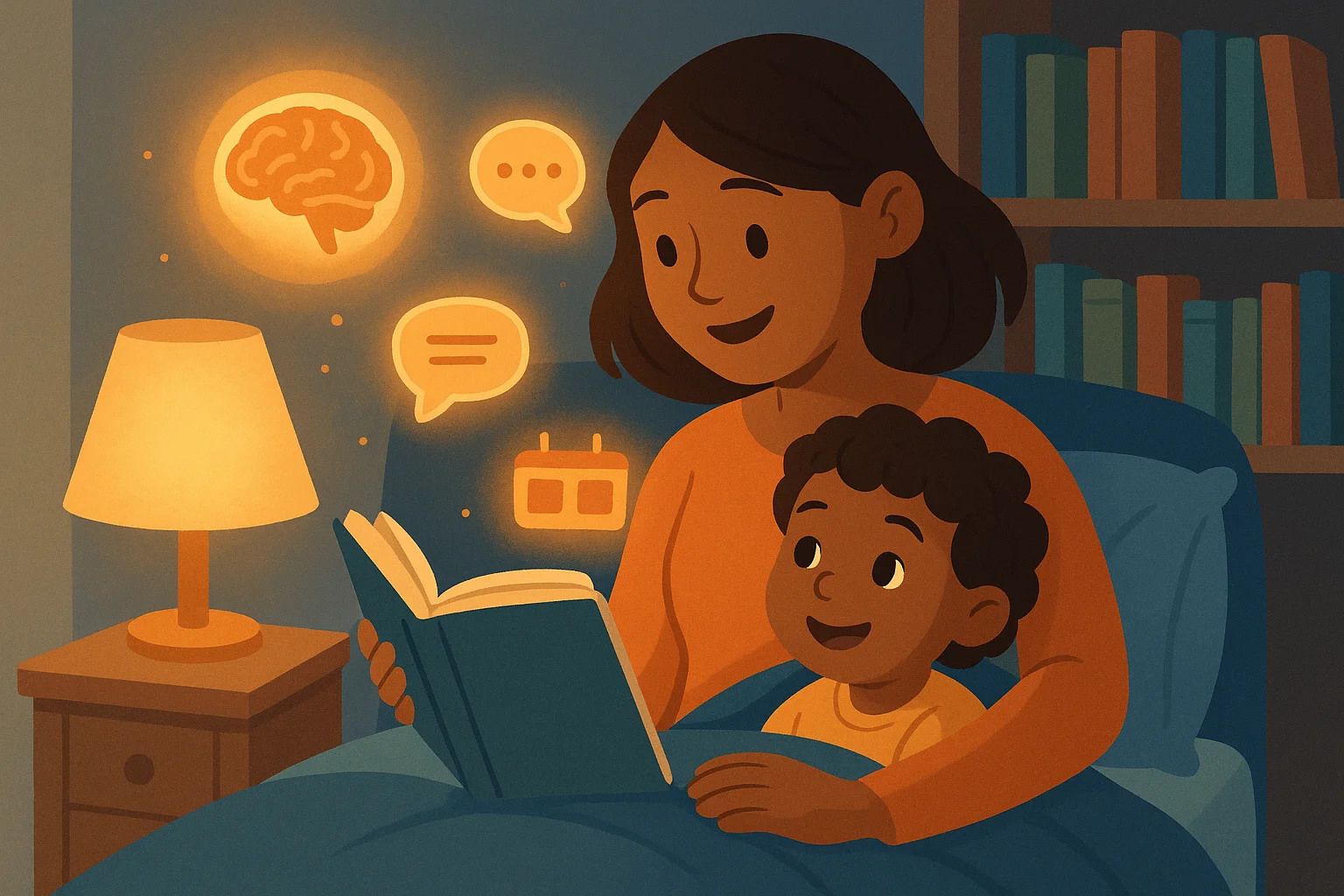 Bedtime reading moment: parent reads aloud while a child listens, cozy lamp light, bookshelf in the background; subtle icons for brain growth, language, memory, and bonding float gently; warm, scientific yet tender tone.