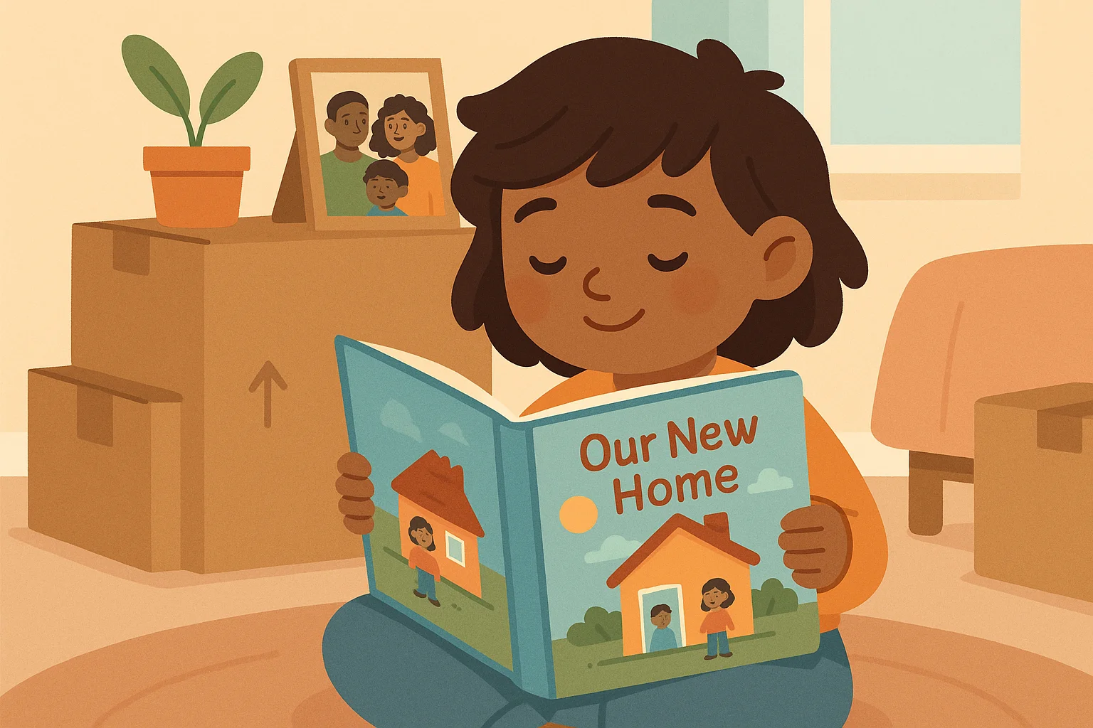 Gentle scene about big life changes: a child holding a personalized book that mirrors moving to a new home; boxes, a small plant, and a family photo in the background; calm colors, reassuring, resilient tone.