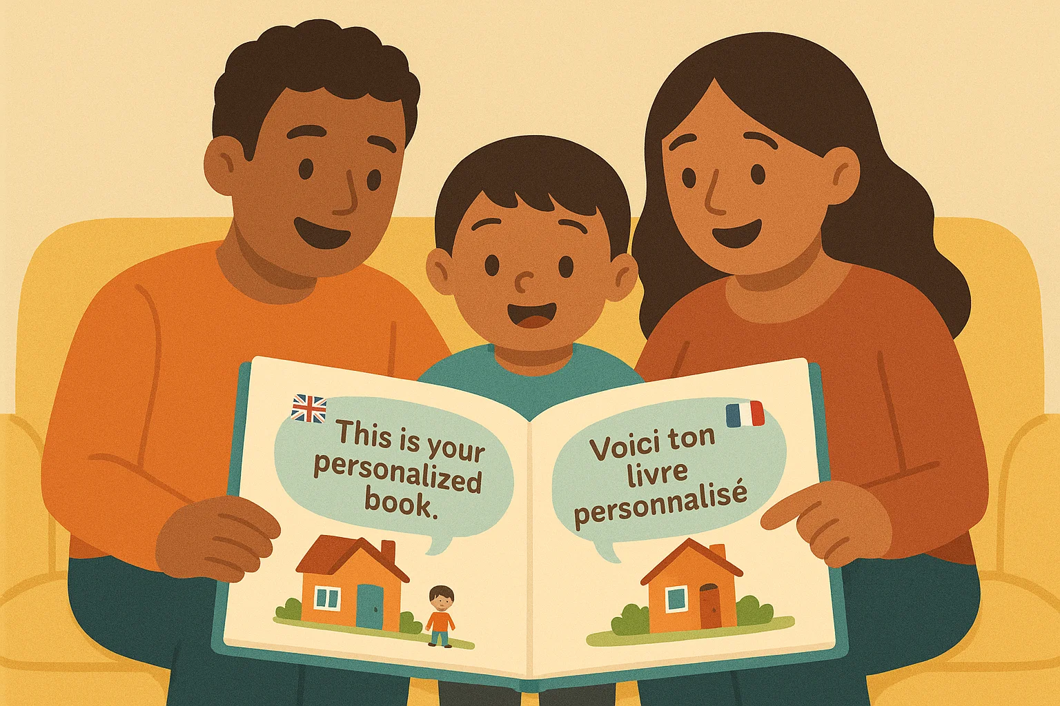 Family reading time with two languages: open personalized book shows parallel text bubbles in different languages; flags/icons for languages appear subtly; child smiles while switching between languages; bright, inclusive, educational style.