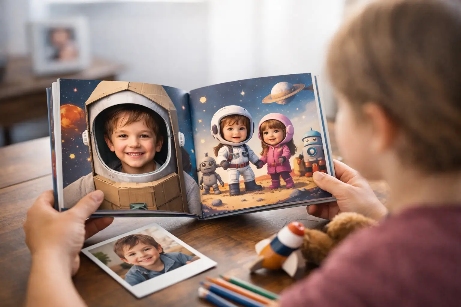 Photoreal-style shot of a printed personalized children's book with the child's name on the cover, held in a cozy home setting.
