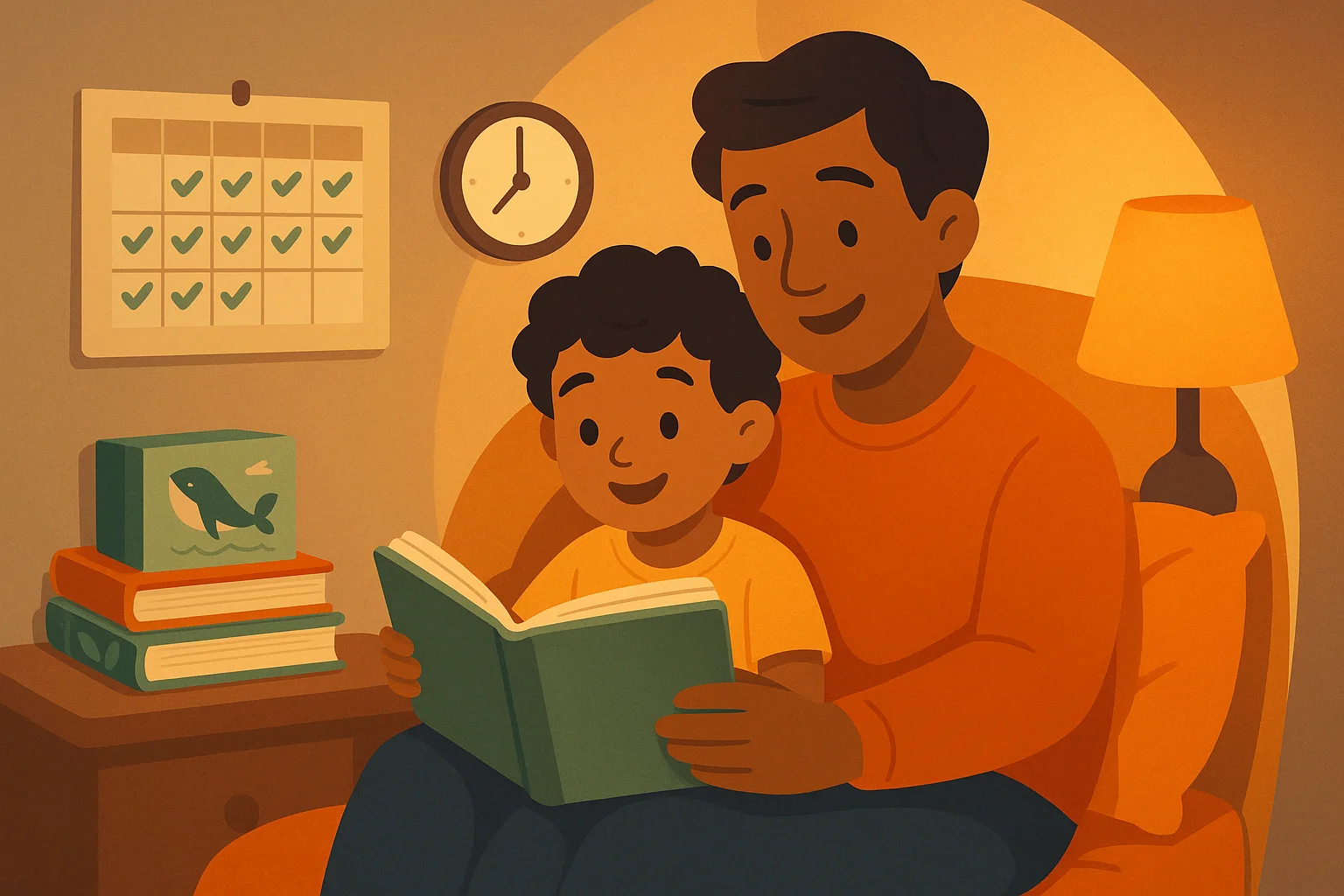 Evening family reading routine: a parent and child in a cozy nook with a small clock, a weekly calendar with checkmarks, and a stack of favorite picture books; calm warm lighting, inviting, practical tips mood.
