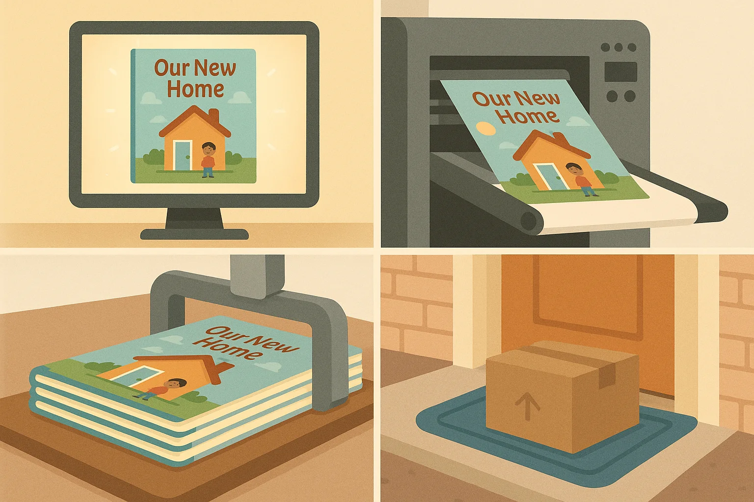 Production journey montage: from a glowing screen preview of a personalized children's book to a printing press, binding, then a delivery box at a doorstep; clean steps, bright yet realistic, reassuring quality.