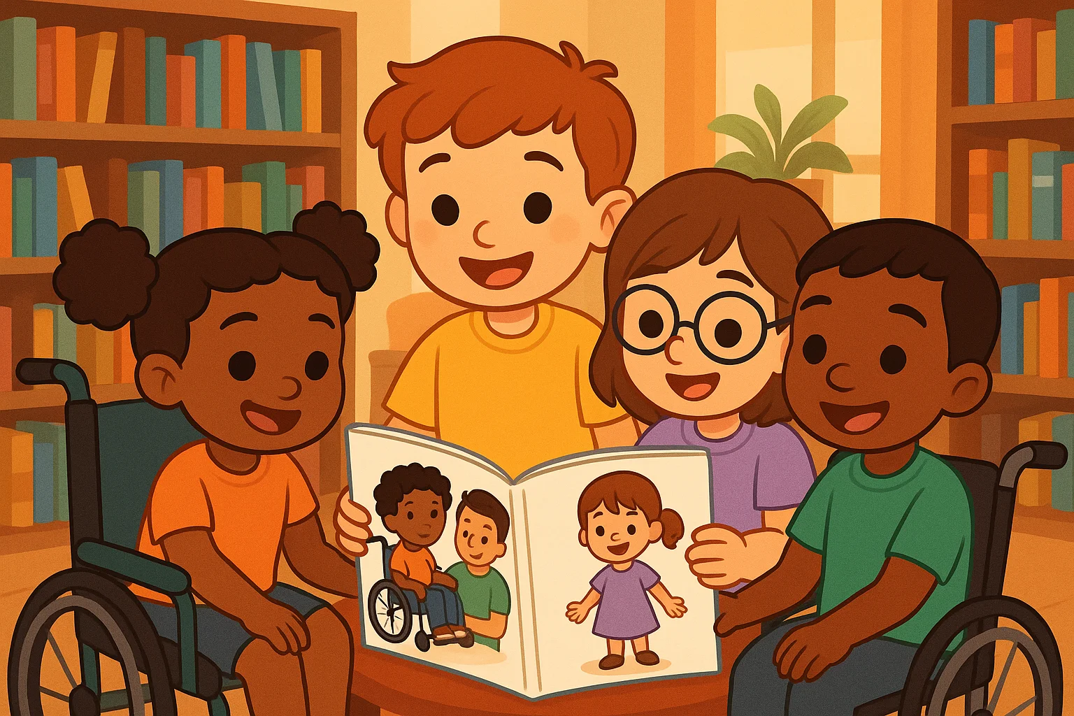 Diverse group of children smiling as they read a personalized picture book together; each child sees a character that reflects them (skin tone, family structure, glasses, wheelchair); warm library setting, inclusive, celebratory illustration.