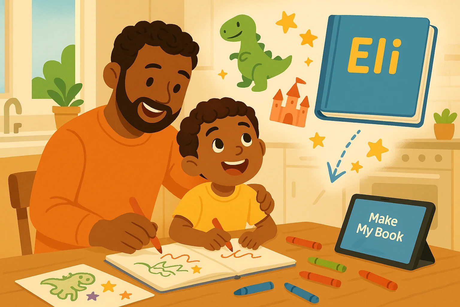 Parent and child co-creating a story at a kitchen table, with sketchbook pages, crayons, and a tablet running Make My Book; idea doodles (stars, castle, dinosaur) float toward a personalized book cover with the child's name; bright, joyful, collaborative.